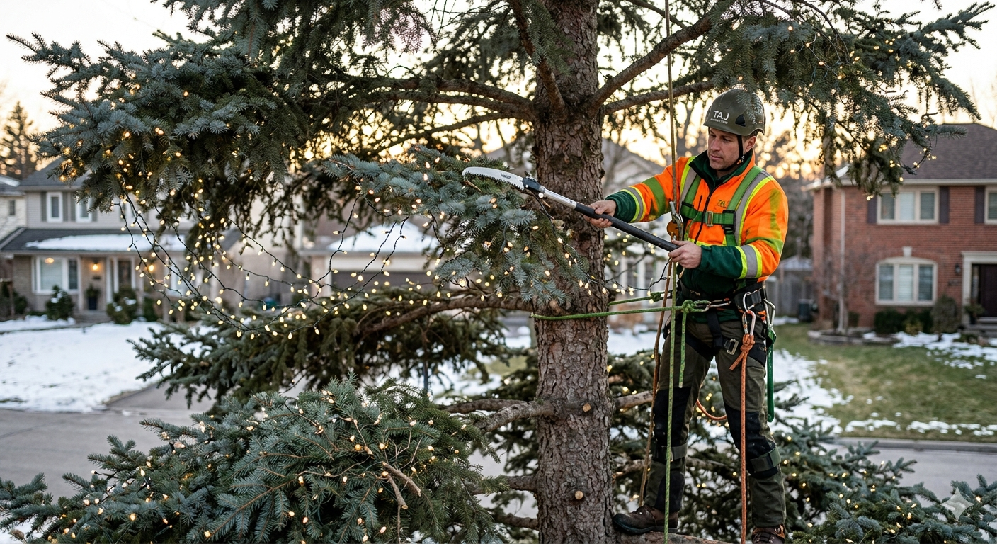 Installer trimming a large pine tree with mini Christmas lights