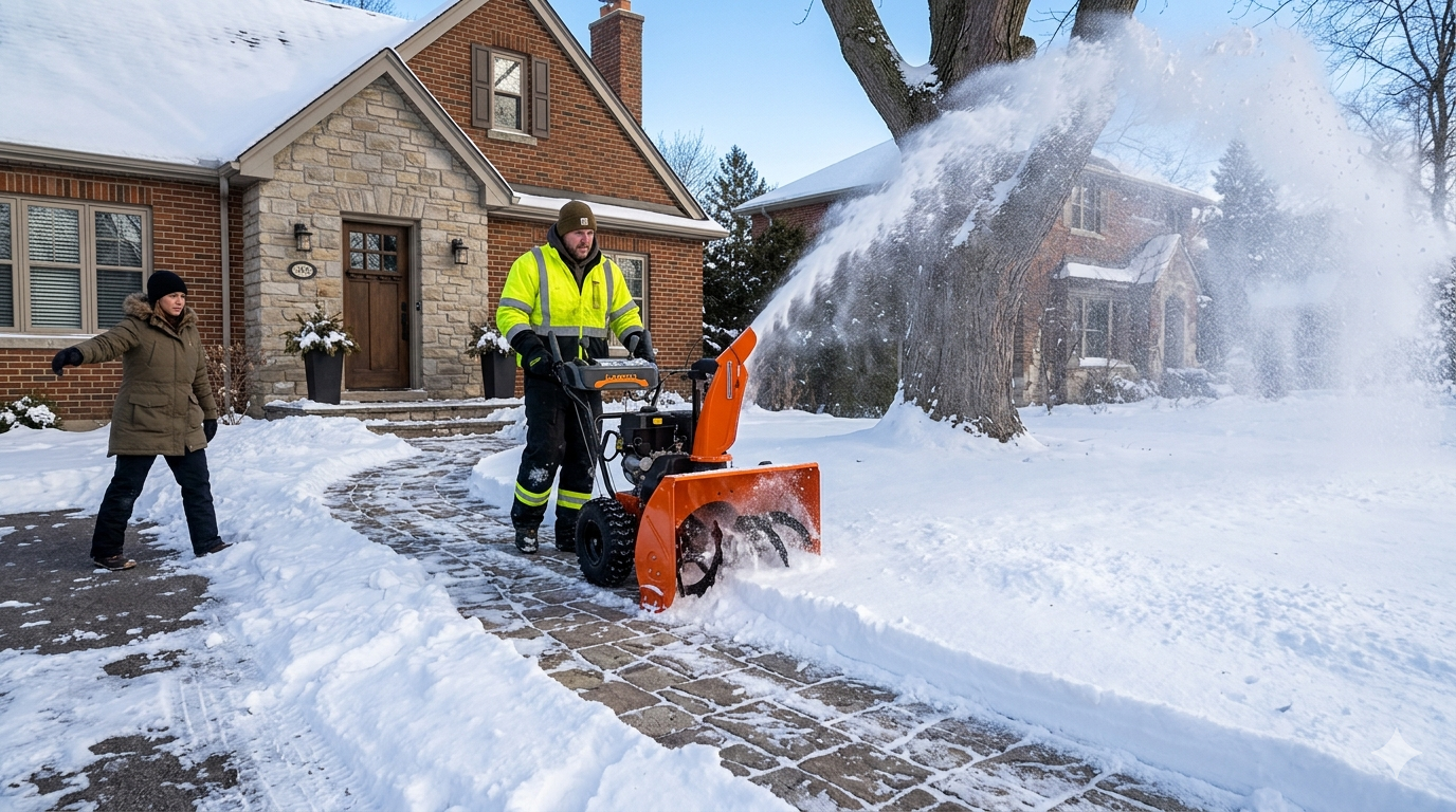 Snow blower carefully clearing a residential stone walkway