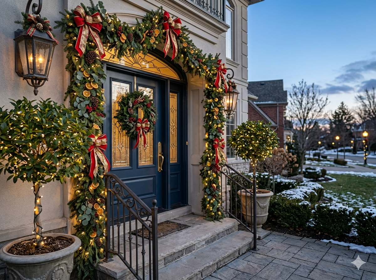 Lit up garland around an elegant residential entryway