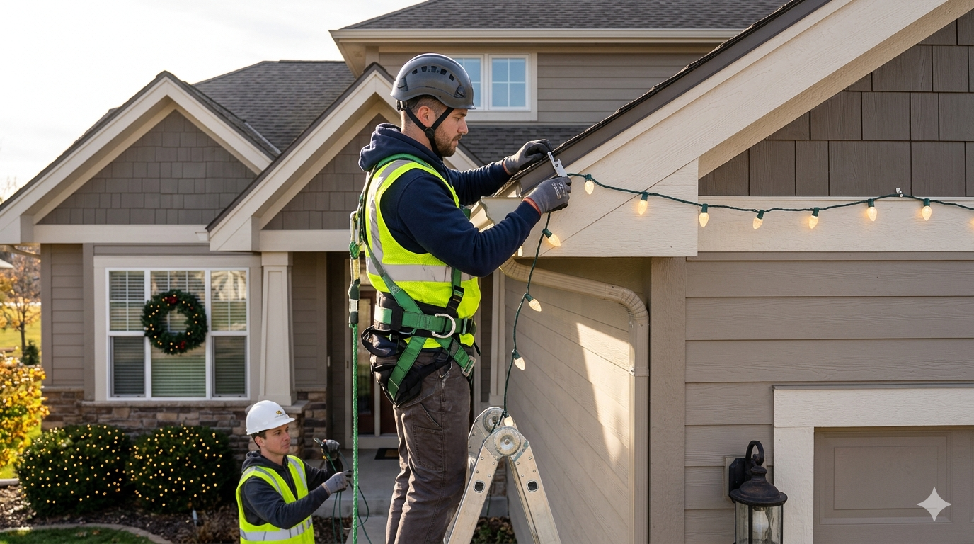 Taj Landscaping installer safely placing holiday lights on a roofline