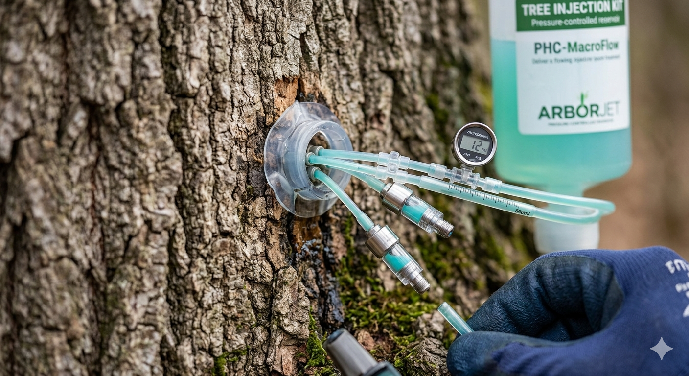 Arborist performing tree injection