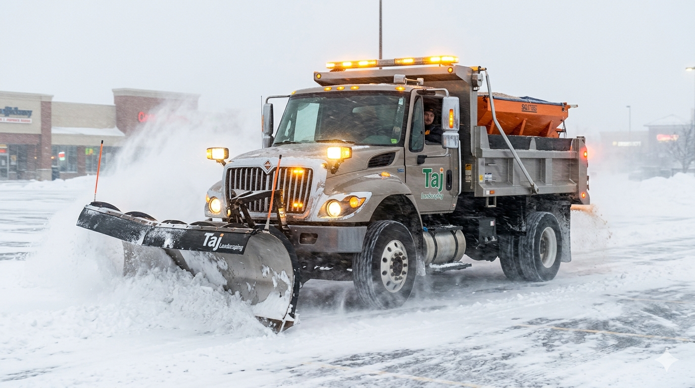 Taj Landscaping heavy-duty truck clearing snow in a blizzard