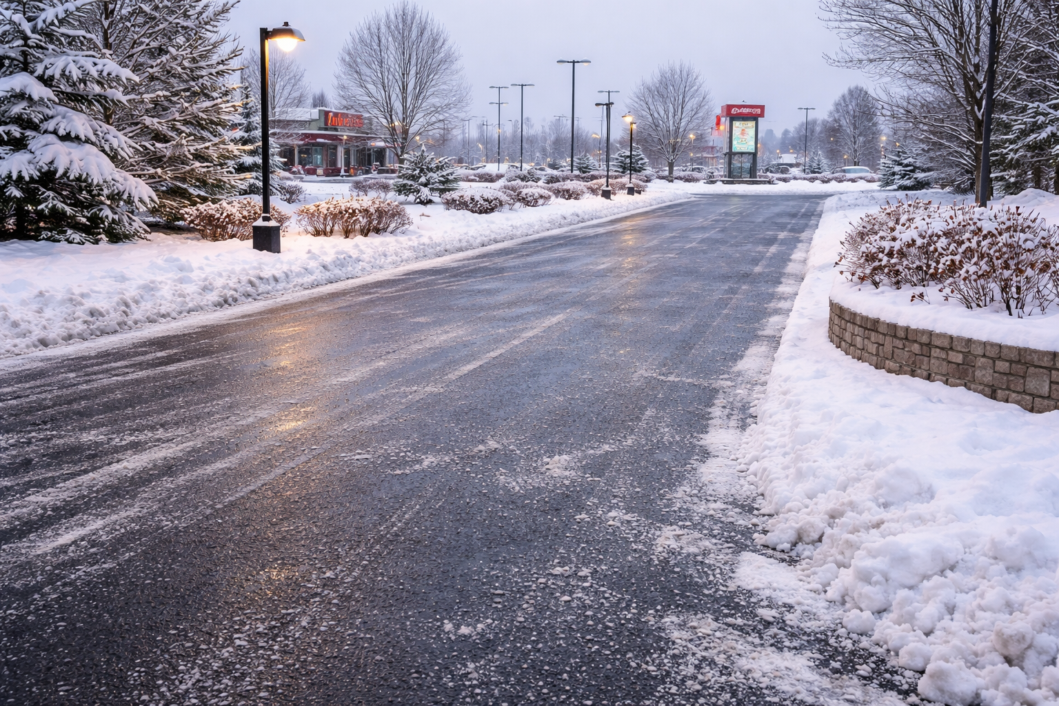 Perfectly cleared and salted commercial driveway after a Buffalo snowstorm